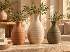 Ribbed pottery vase set in terracotta cream and olive
