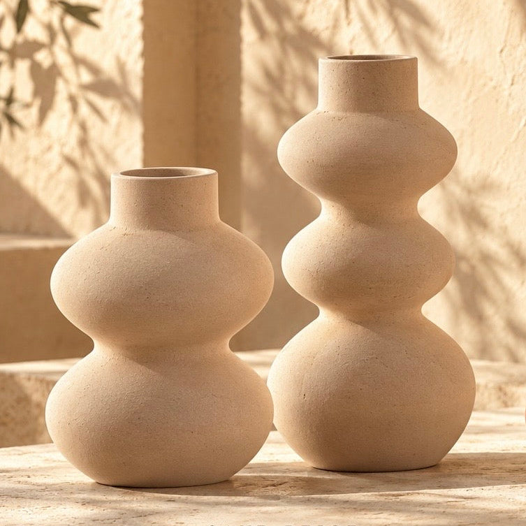 Sand beige sculptural pottery vase set