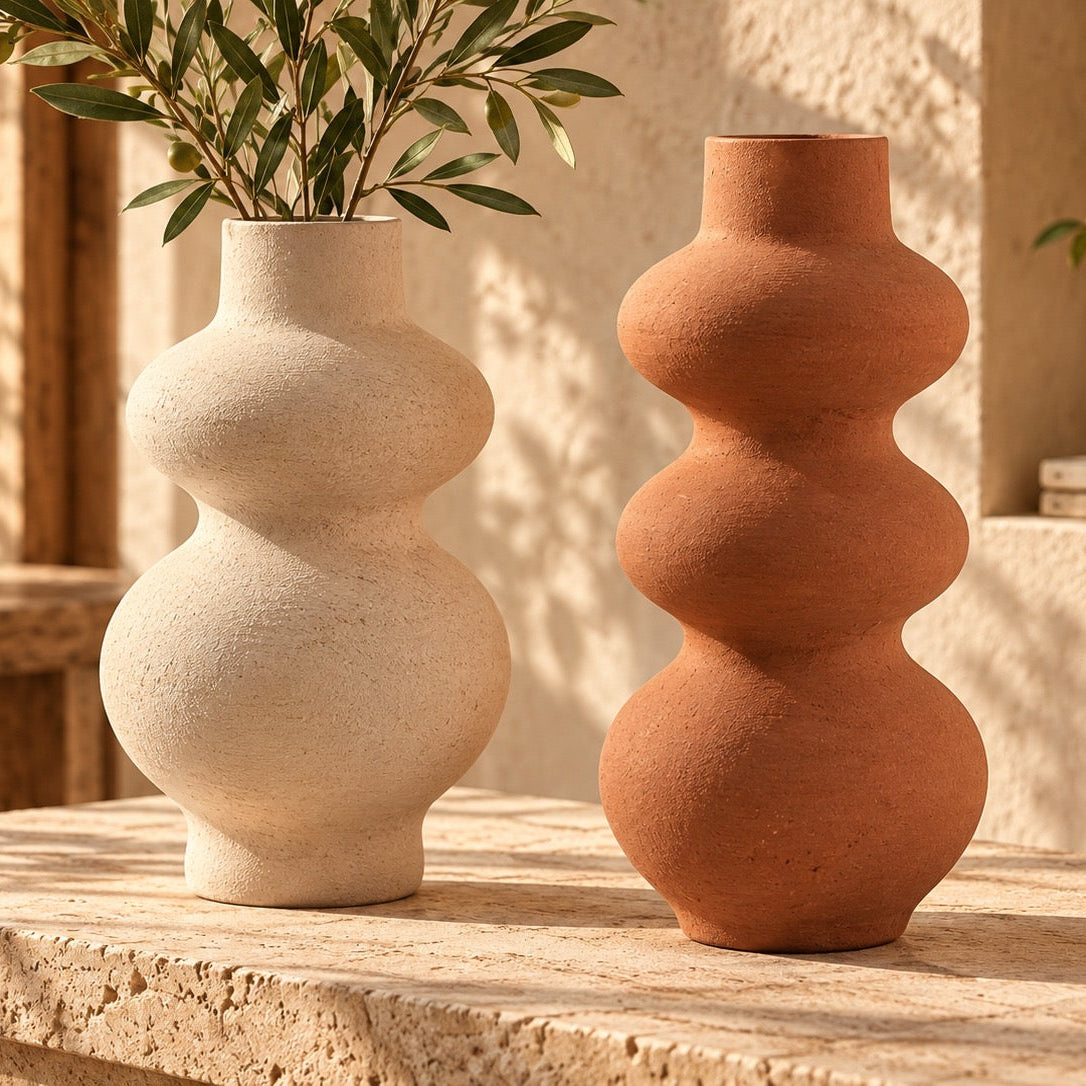 Sculptural pottery vase set in cream and terracotta
